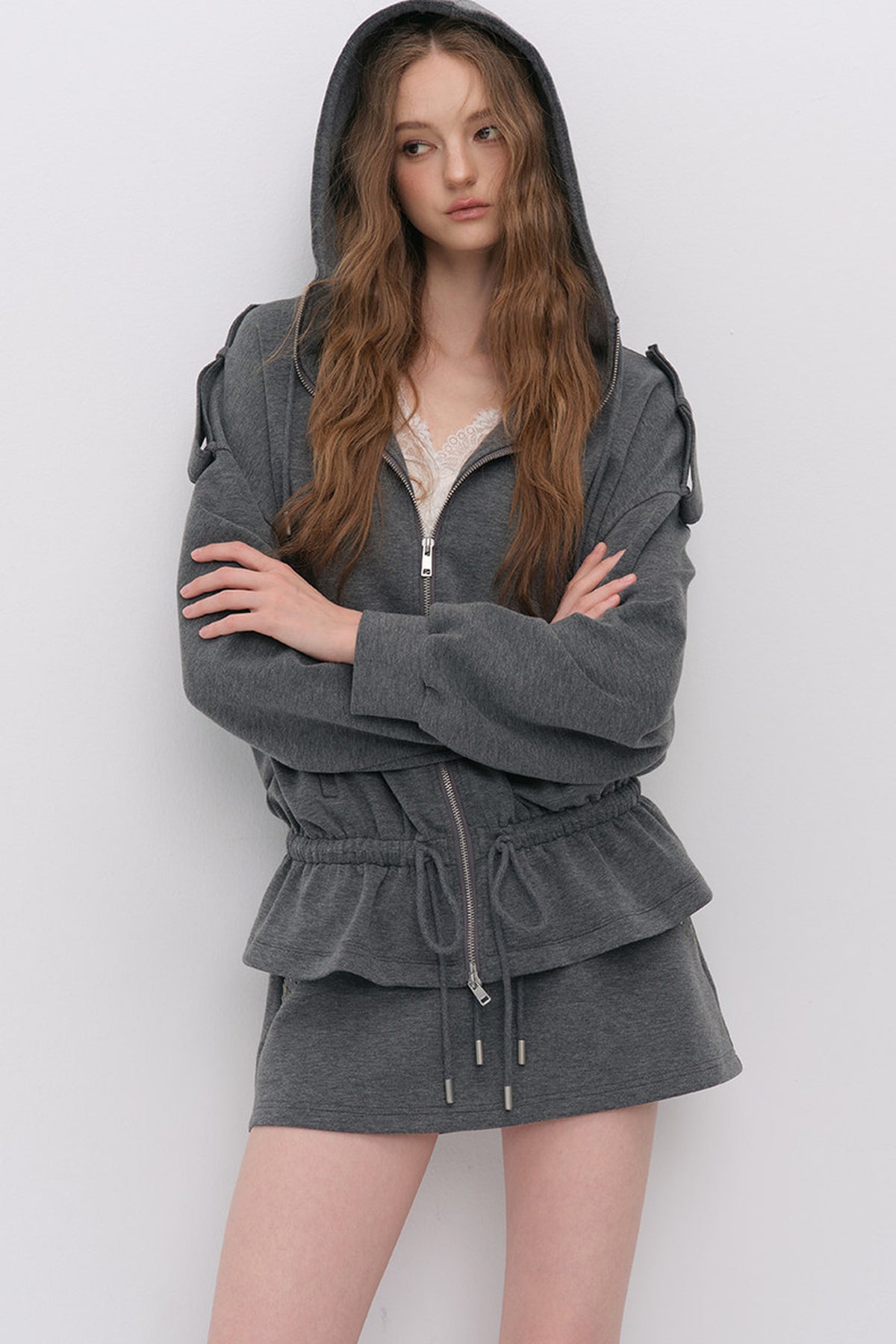 Silhouette Drawstring Hoodie and Studded Skirt Set-Up