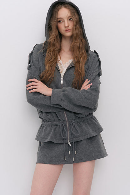 Silhouette Drawstring Hoodie and Studded Skirt Set-Up
