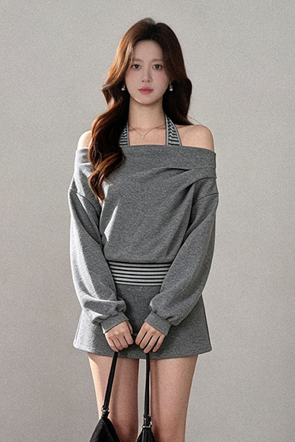 One-Shoulder Striped Sweatshirt and Wide-Leg Pants Set-Up
