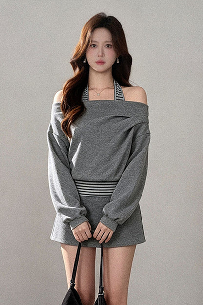 One-Shoulder Striped Sweatshirt and Wide-Leg Pants Set-Up