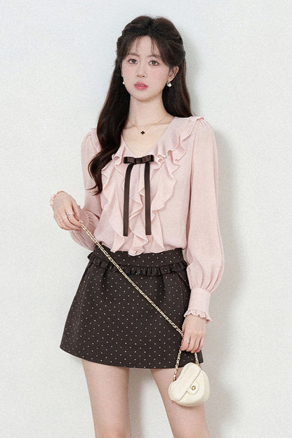 Pink Ruffled V-Neck Chiffon Top and Skirt Set-Up