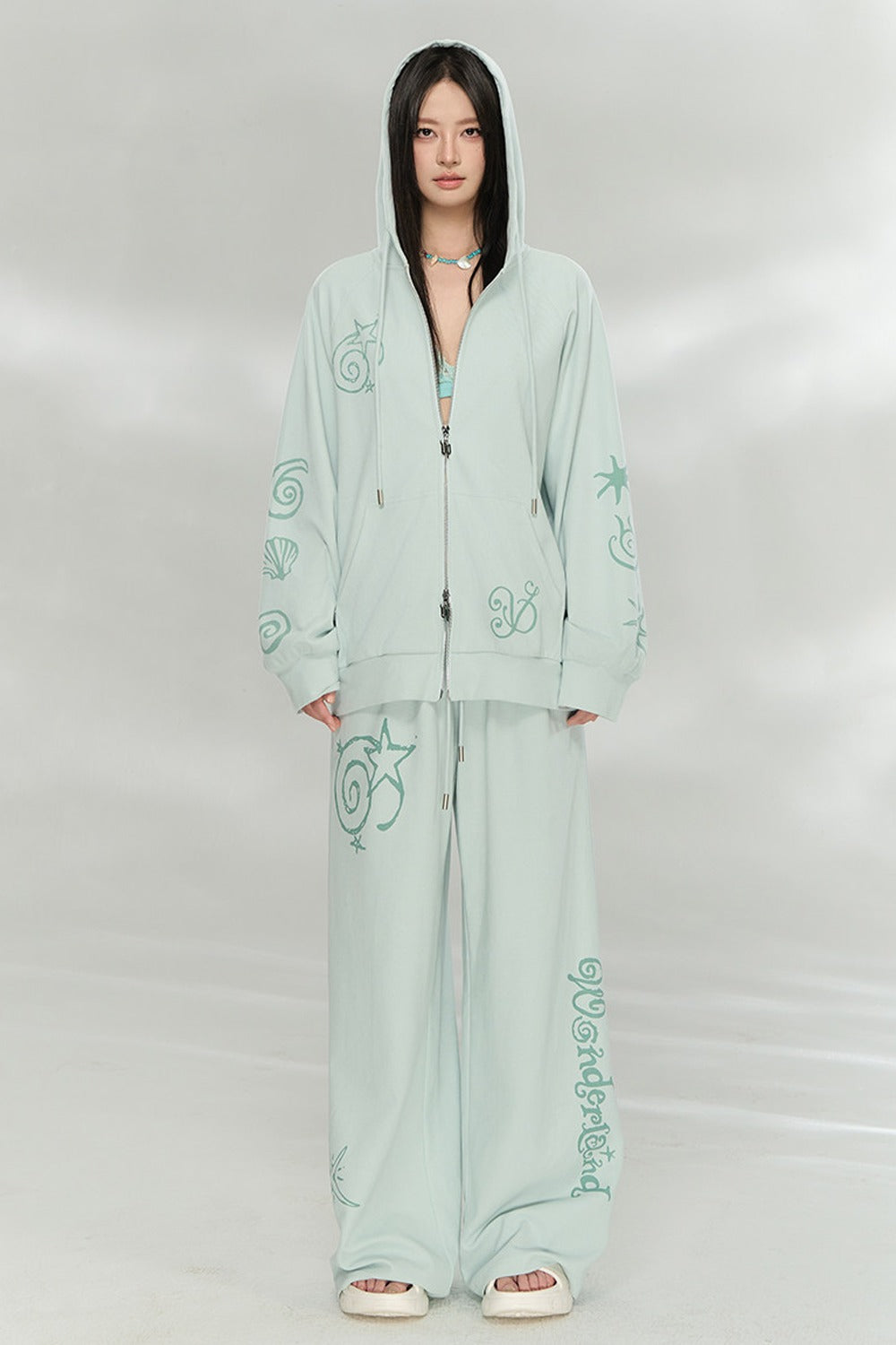 Waffle Knit Print Sweatshirt and Pants Set-Up