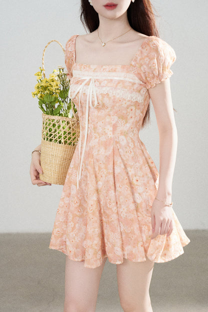 Square-Neck Floral Puff-Sleeve Chiffon Dress