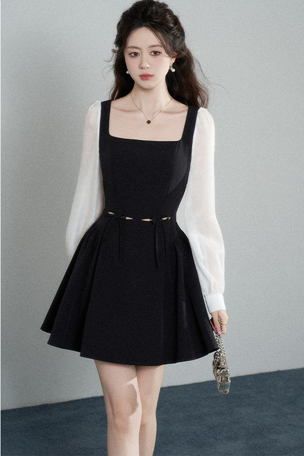 Black Square-Neck Hollow-Out Dress