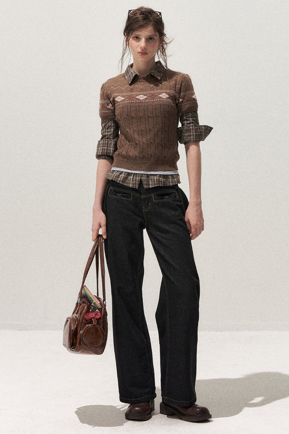 Retro Fair Isle Argyle Short-Sleeve Knit Sweater and Skirt Set-Up