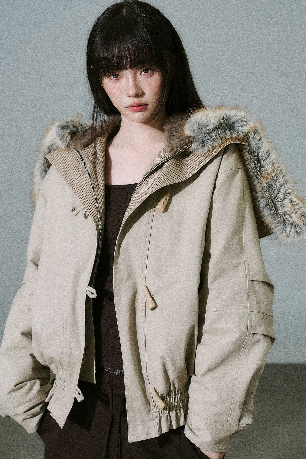 Horn Button Plaid Fur Collar Jacket