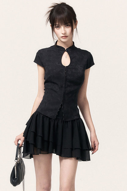 New Chinese Style Jacquard Top and Ruffle Skirt Set-Up
