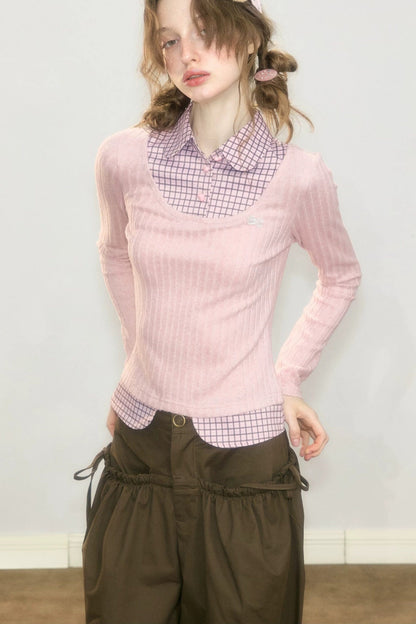 Layered-Look Plaid Collar Knit Top
