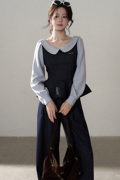 Doll Collar Shirt and Wide-Leg Pants Set-Up