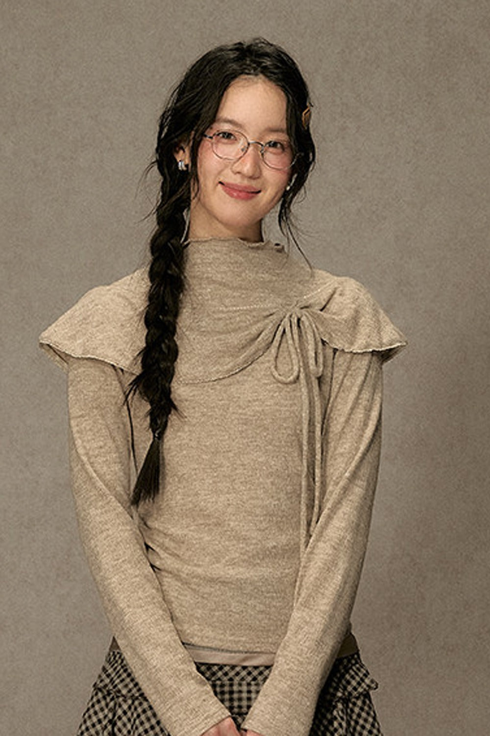 Bowknot Cape Collar Long Sleeve Top