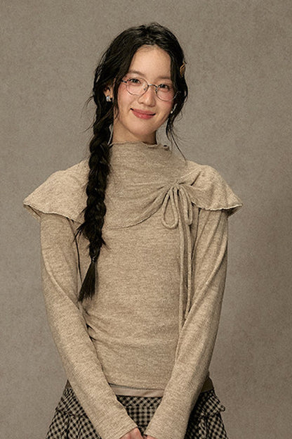 Bowknot Cape Collar Long Sleeve Top