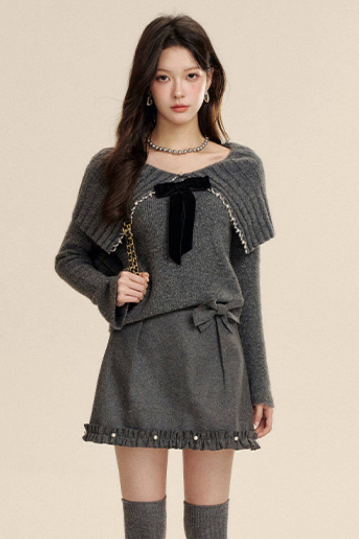 Bow-Knot Pearl Knit Sweater and Skirt Set-Up