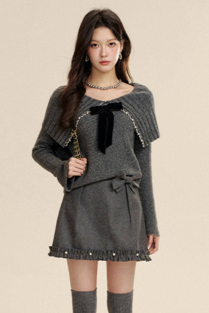 Bow-Knot Pearl Knit Sweater and Skirt Set-Up