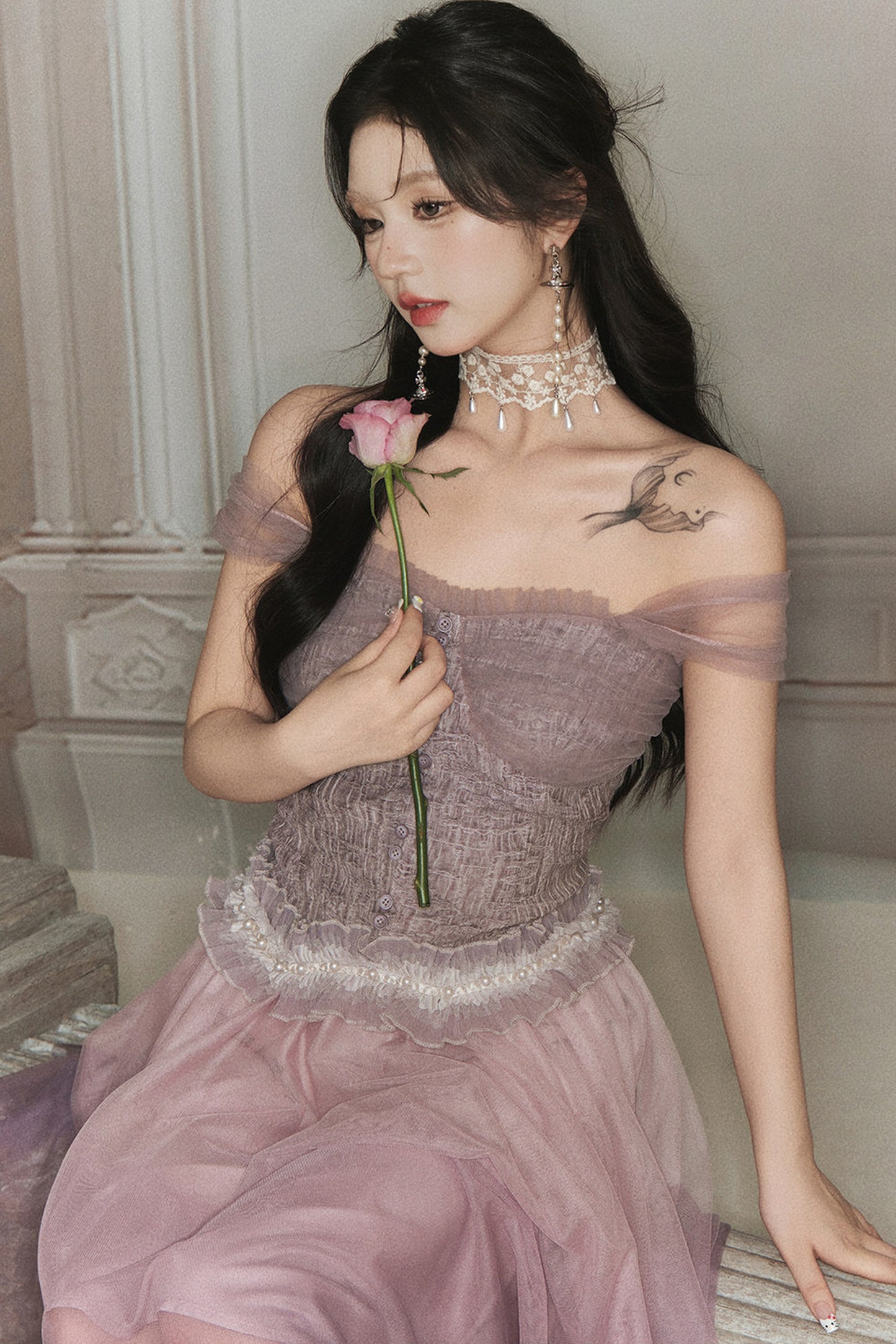 Spliced Pleated Mesh Lace Tube Top