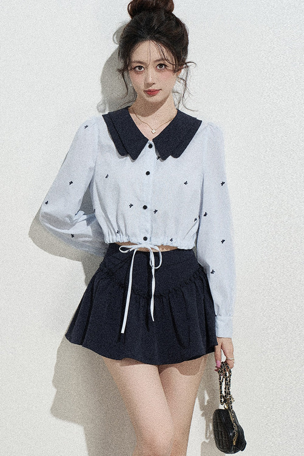 Doll Collar Drawstring Long-Sleeve Shirt and Skirt Set-Up
