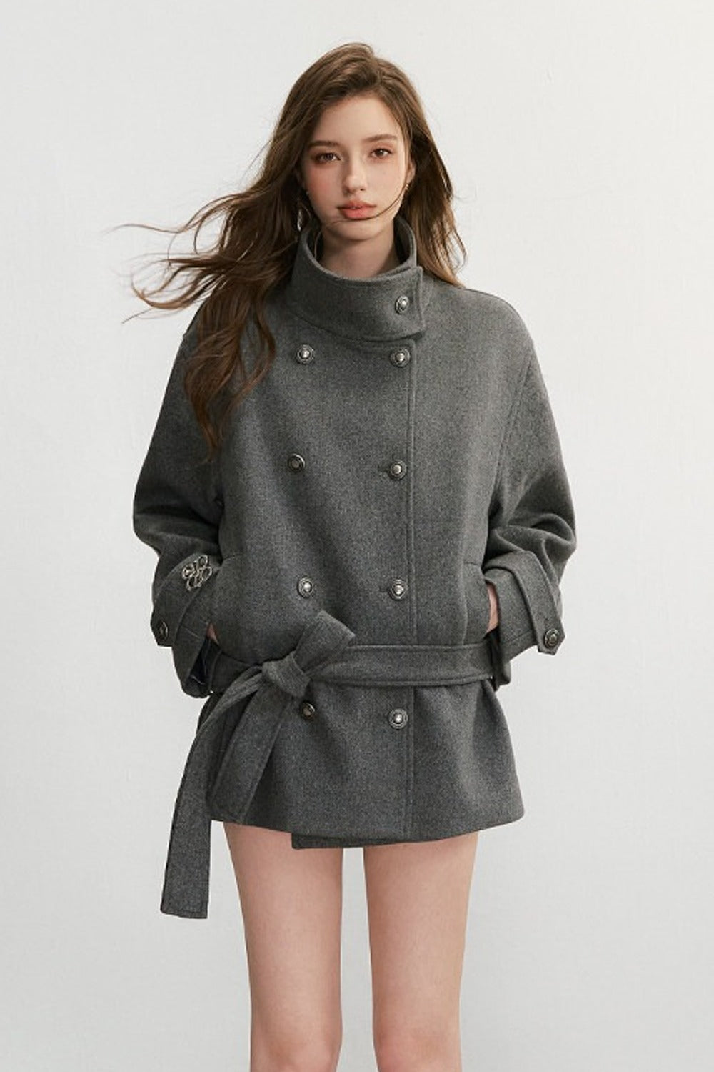 50% Wool Double-Breasted Tie Waist Jacket