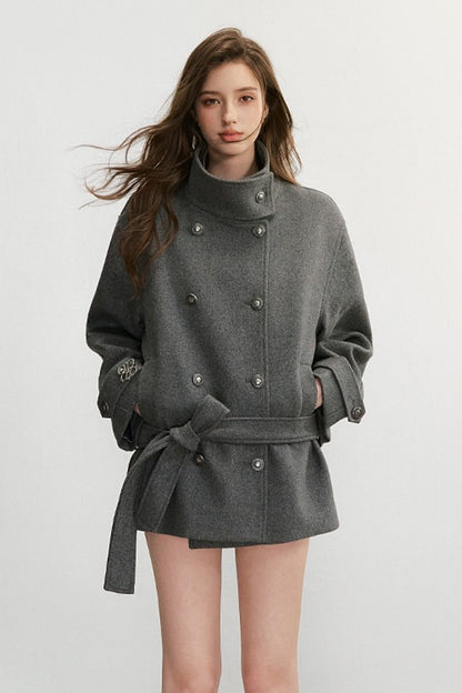 50% Wool Double-Breasted Tie Waist Jacket