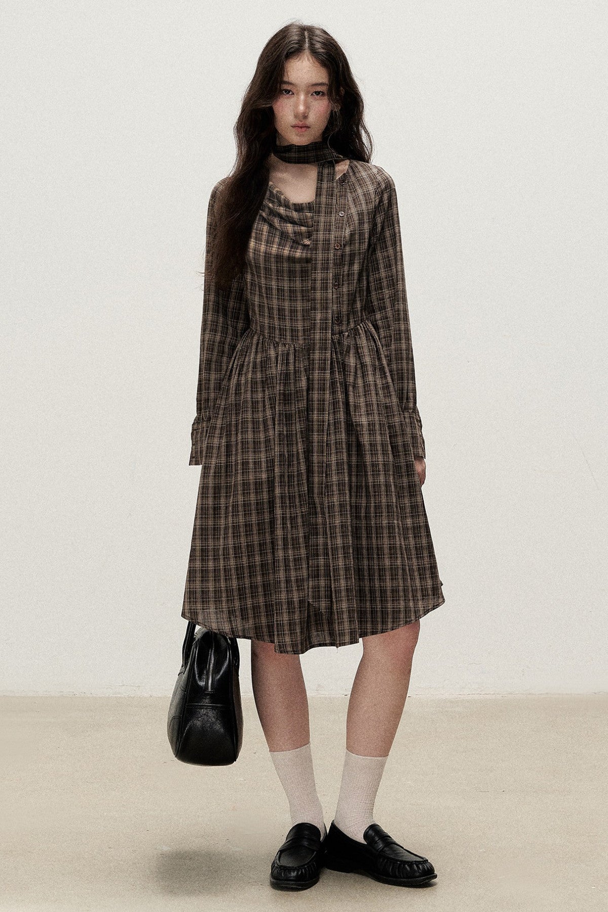 Diagonal Placket Plaid Ribbon Dress