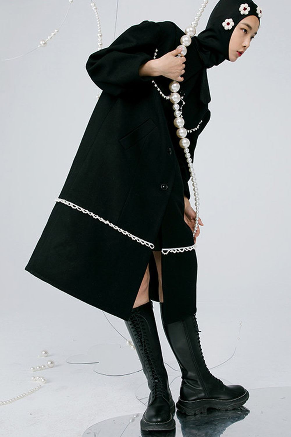 Black Pearl Lace Wool Coat