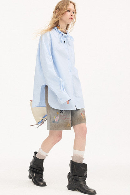 Camicia ricamata a maniche lunghe in stile preppy