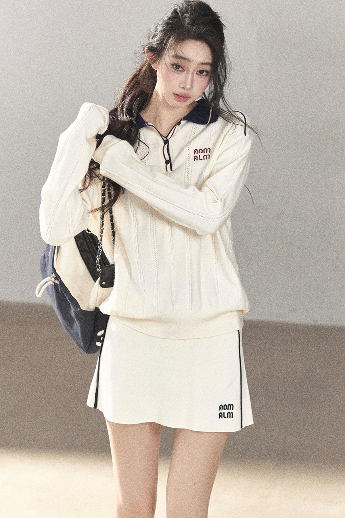 College Style Knitted Top and Short Skirt Two-Piece Set-Up