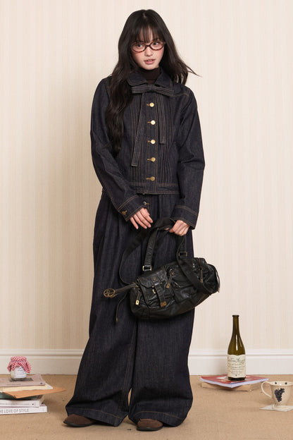 Washed Denim Lapel Tie Jacket