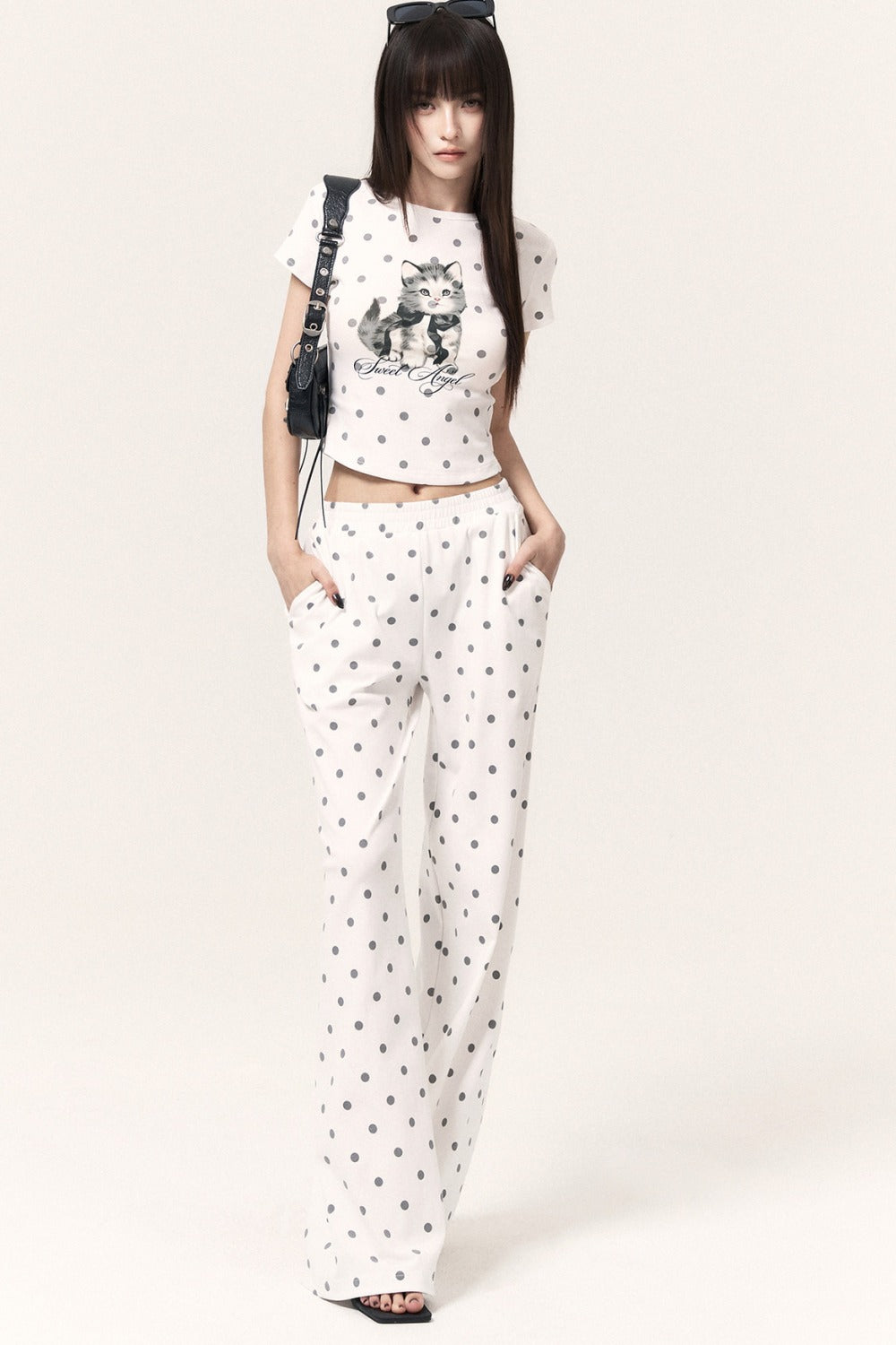 Cat Print Polka Dot Top Pants and Skirt Set-Up