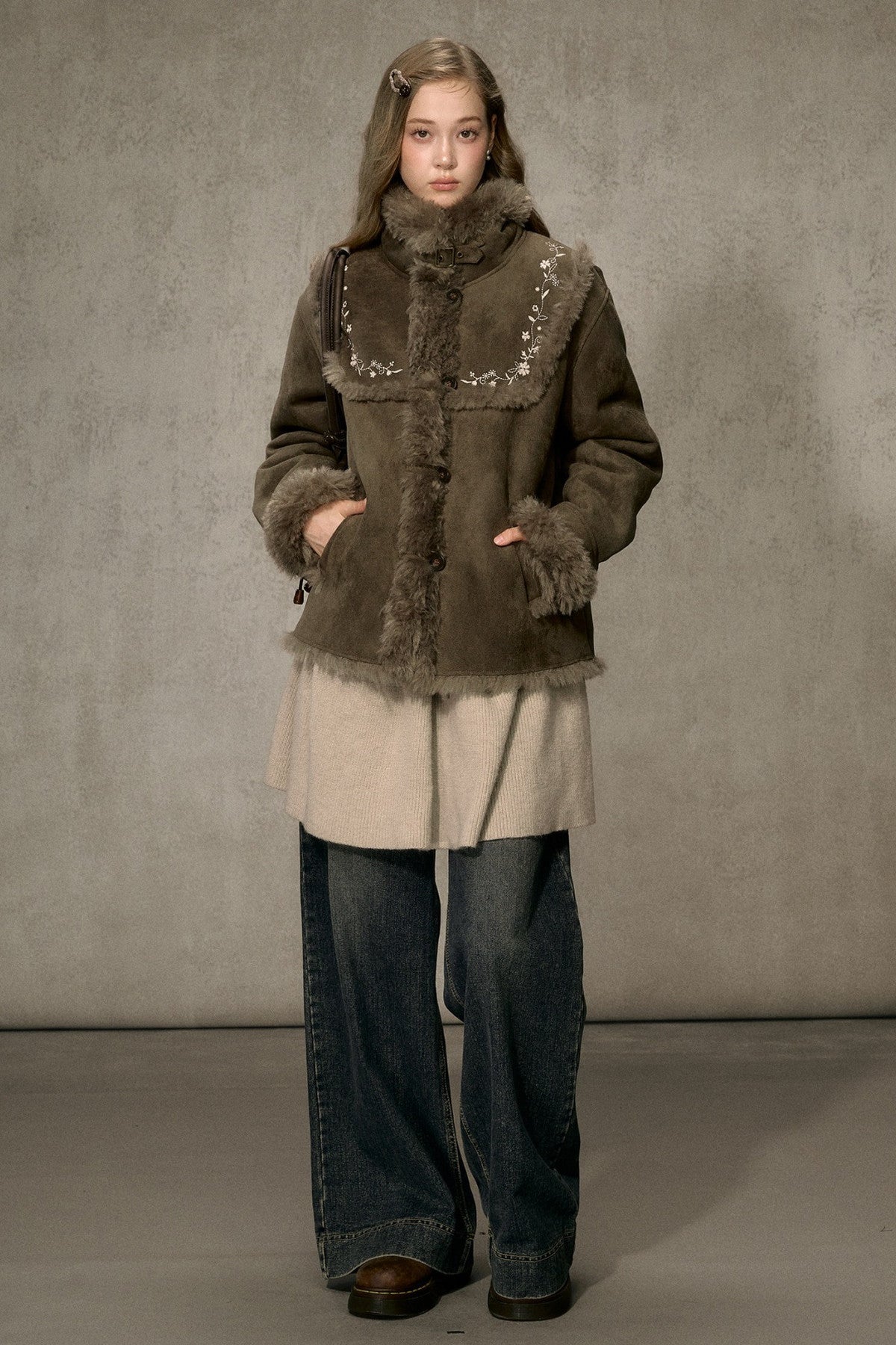 Embroidered Fur Collar Shearling Jacket
