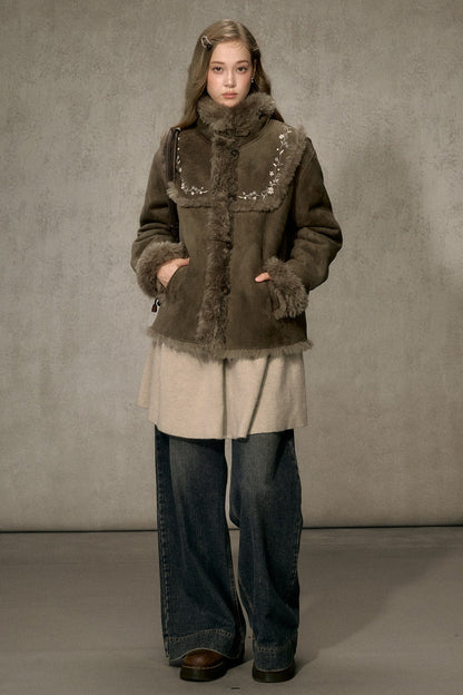 Embroidered Fur Collar Shearling Jacket