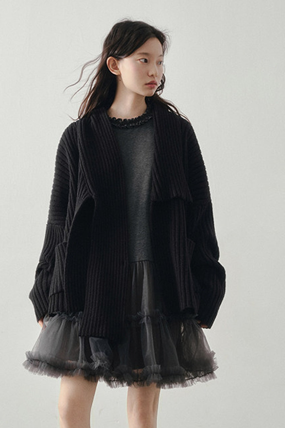 Gray Mesh Patchwork Long Sleeve Dress