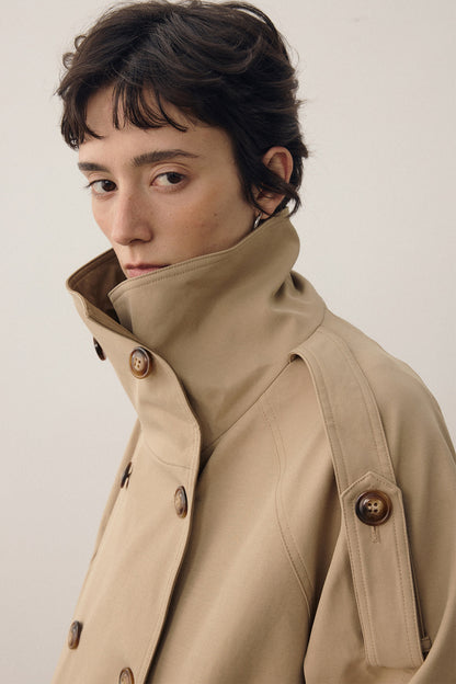Color-Blocked Double-Breasted High-Collar Trench Coat