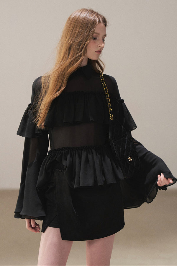 Ruffled Chiffon Polo Blouse