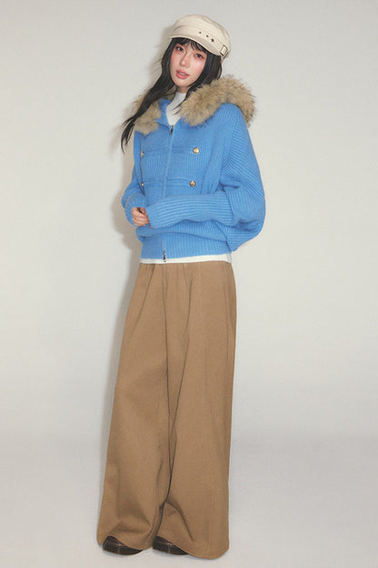 Large Fur Collar Batwing Knit Cardigan