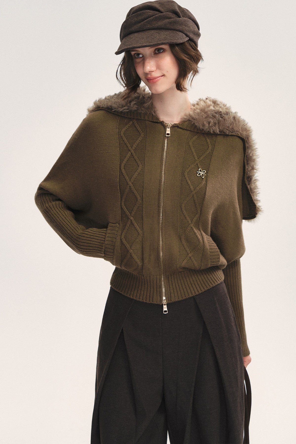 Detachable Navy Fur Collar Cable-Knit Cardigan