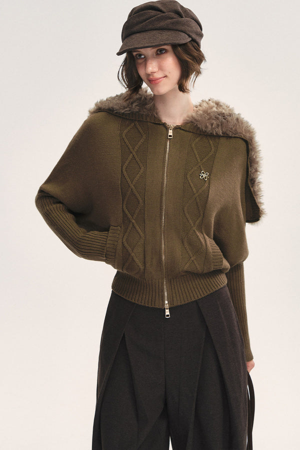 Detachable Navy Fur Collar Cable-Knit Cardigan