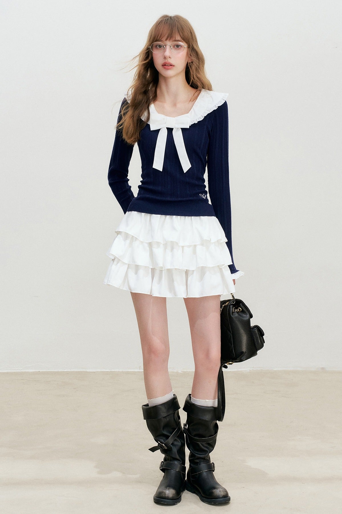 Doll Collar Detachable Bow Knit Top