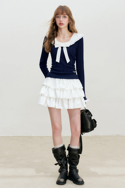 Doll Collar Detachable Bow Knit Top