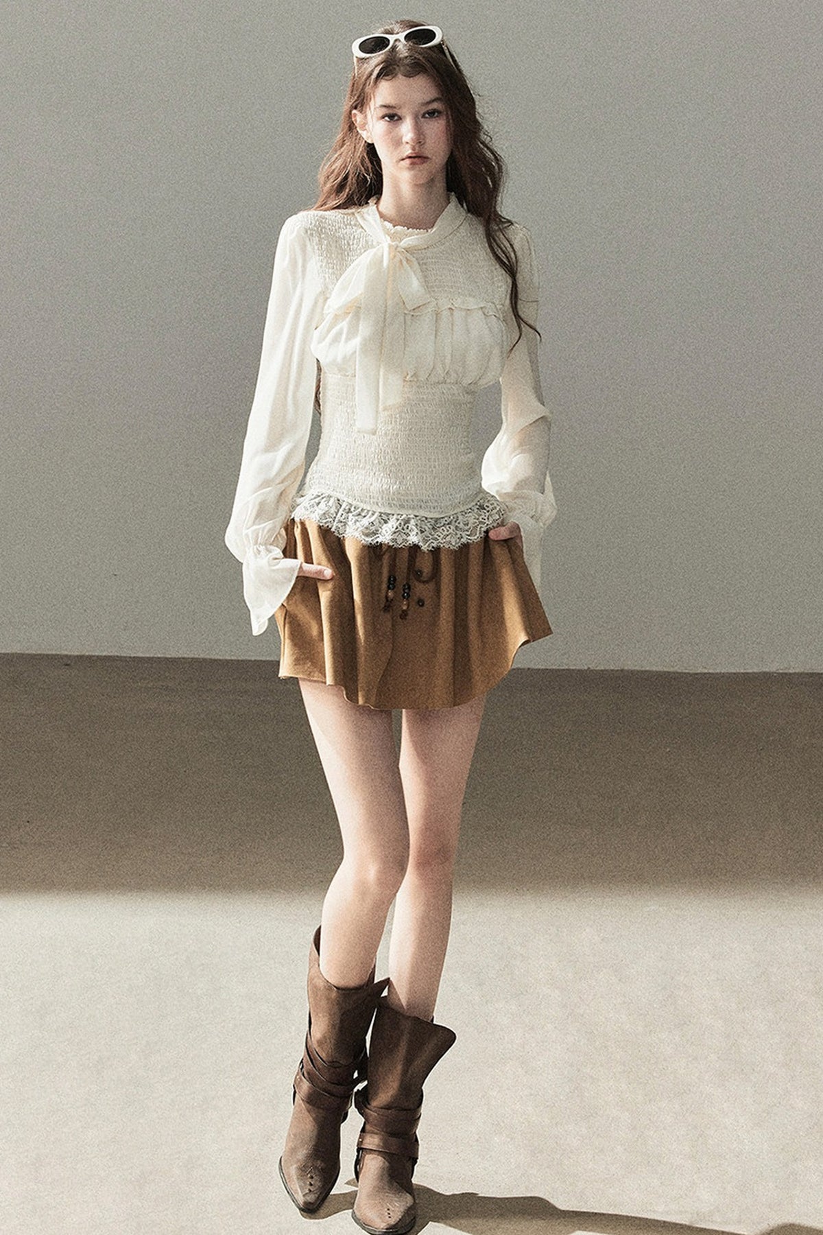 French Court Style Long-Sleeved Lace Chiffon Blouse
