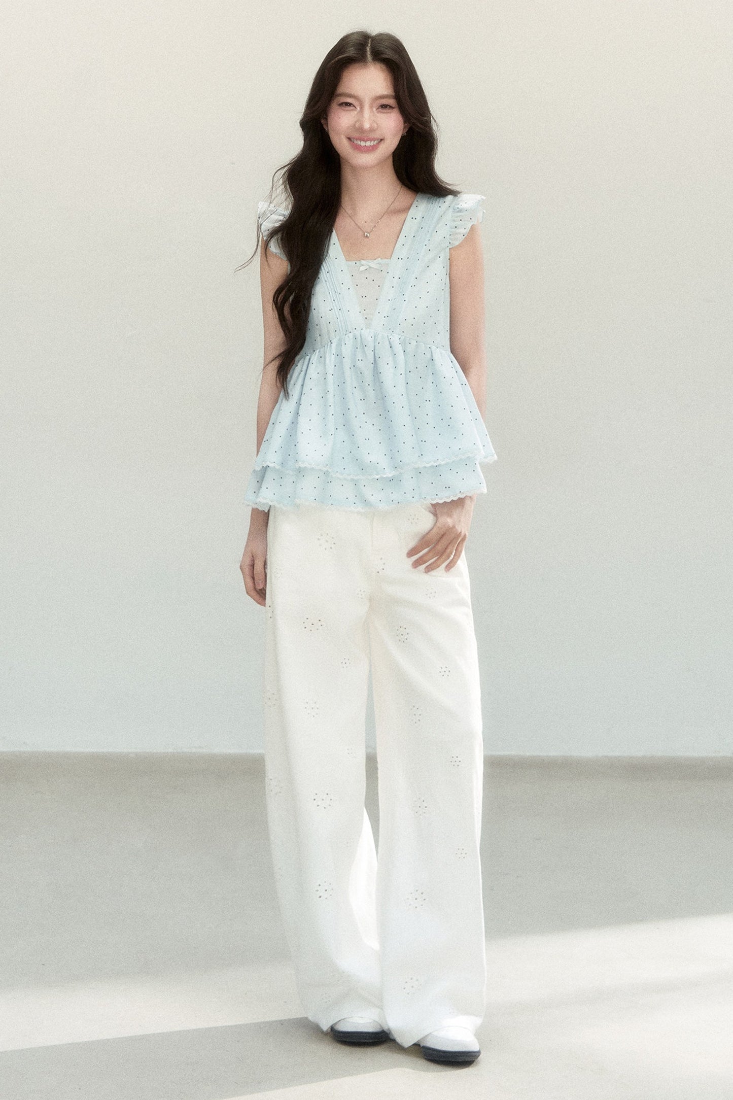 Blue Polka Dot Flutter Sleeve Blouse
