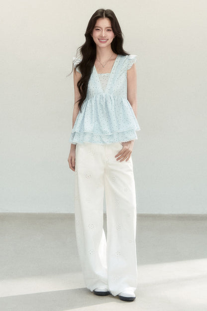 Blue Polka Dot Flutter Sleeve Blouse