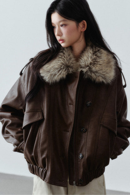 Fur Collar Button-Up Short Jacket