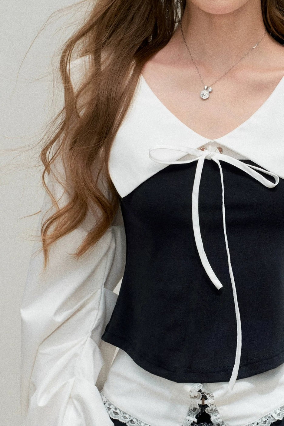 Navy Bow Patchwork Blouse
