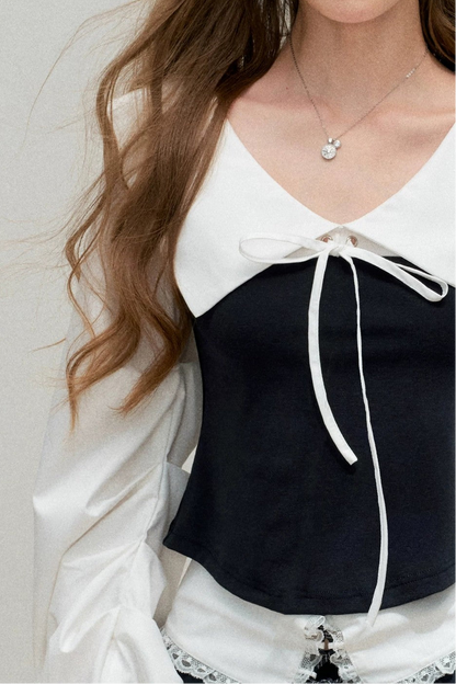 Navy Bow Patchwork Blouse