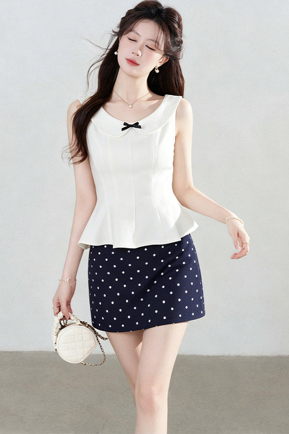 White Sleeveless Shirt and Polka Dot Skirt Set-Up
