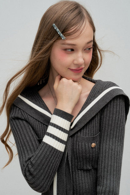 Navy Collar Striped Knit Top