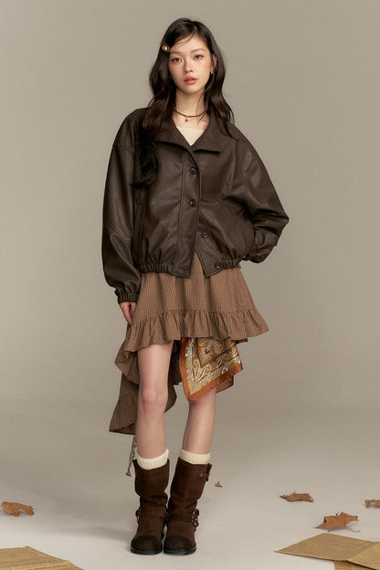 Barn Style Stand Collar Short Leather Jacket