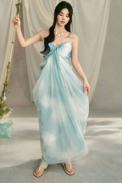 Blue Tie-Dye Cocoon Drawstring Slip Dress