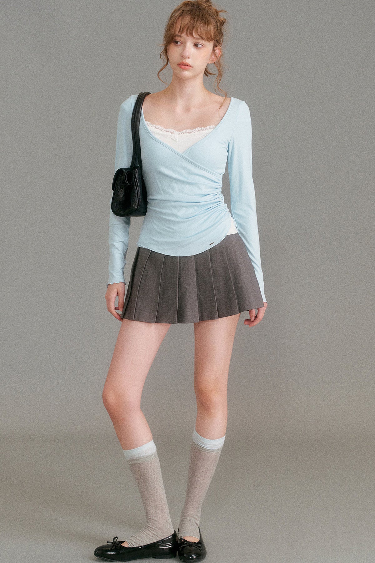 Layered-Look Lace Camisole Cross V-Neck T-Shirt