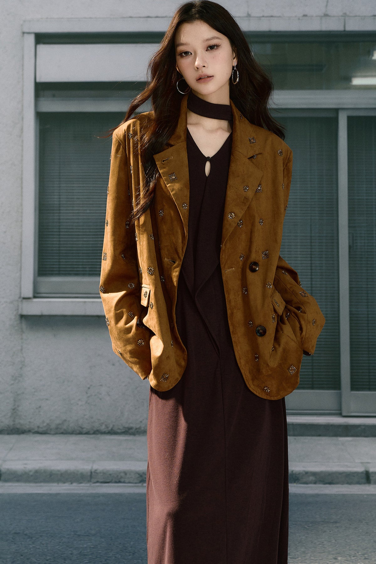 Beaded Suede Detachable Fur Collar Jacket