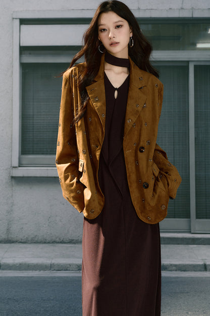 Beaded Suede Detachable Fur Collar Jacket